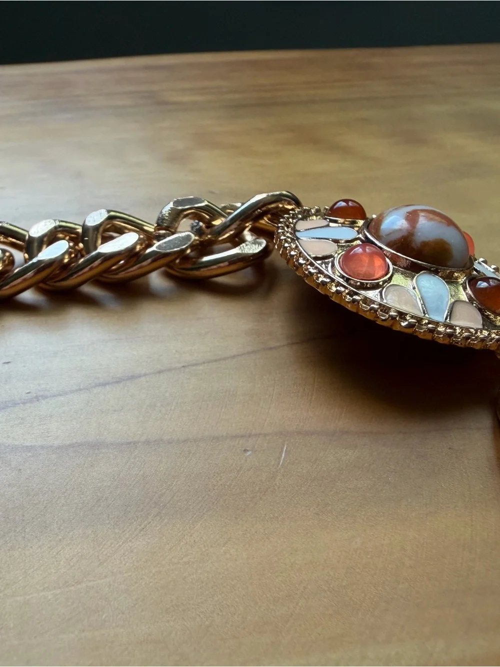 Haute Hippie Gold Chain Belt with Coral and Turquoise Medallion